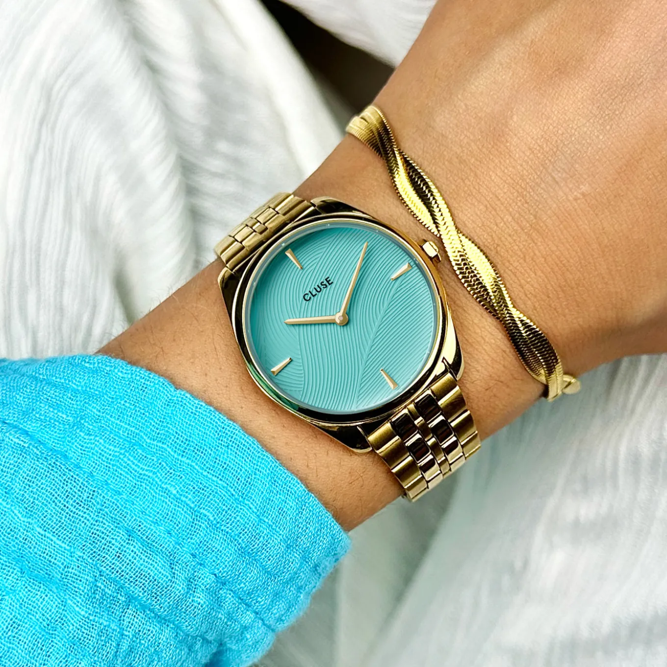 Best Féroce Petite Watch Steel, Leaf Texture Pool Blue, Gold Colour Damen Uhren Gold | Féroce Petite