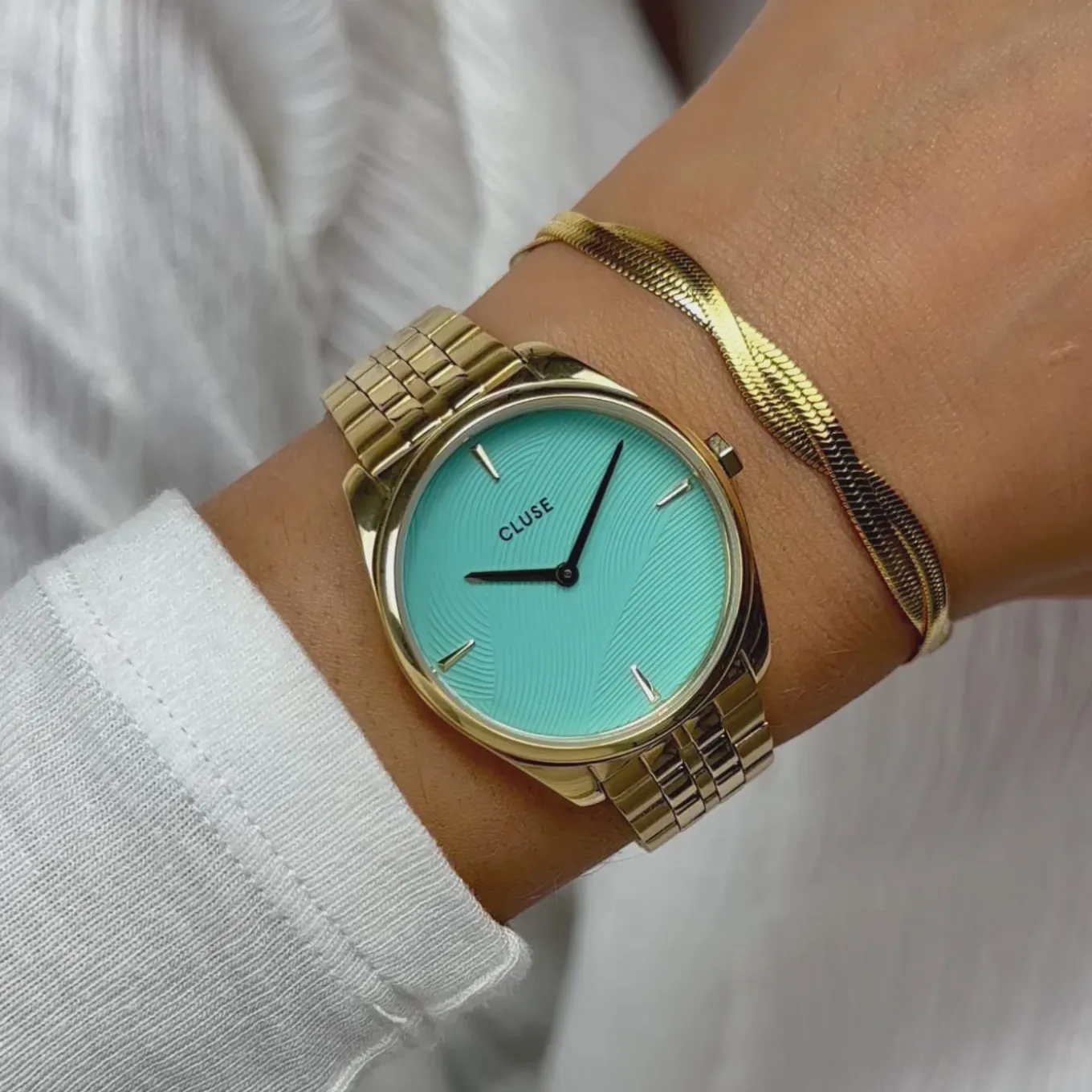 Best Féroce Petite Watch Steel, Leaf Texture Pool Blue, Gold Colour Damen Uhren Gold | Féroce Petite