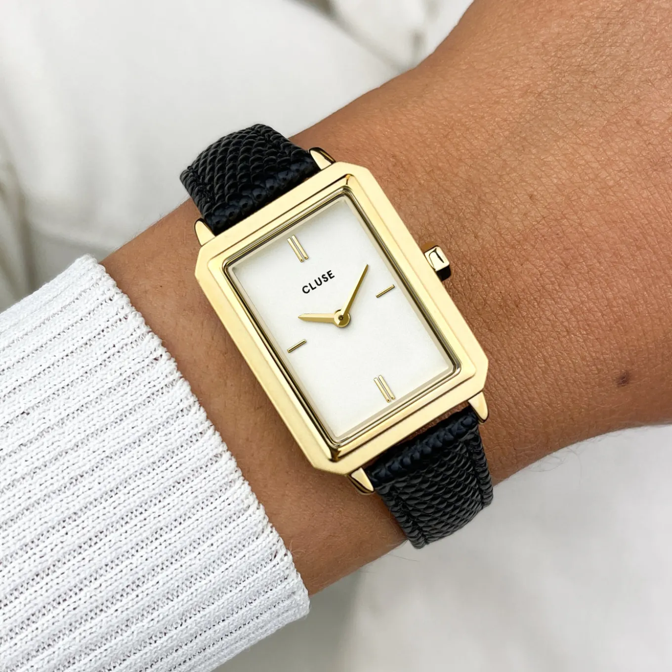 Discount Gift Box Fluette Steel Watch and Black Leather Lizard Strap, Gold Colour Damen Fluette