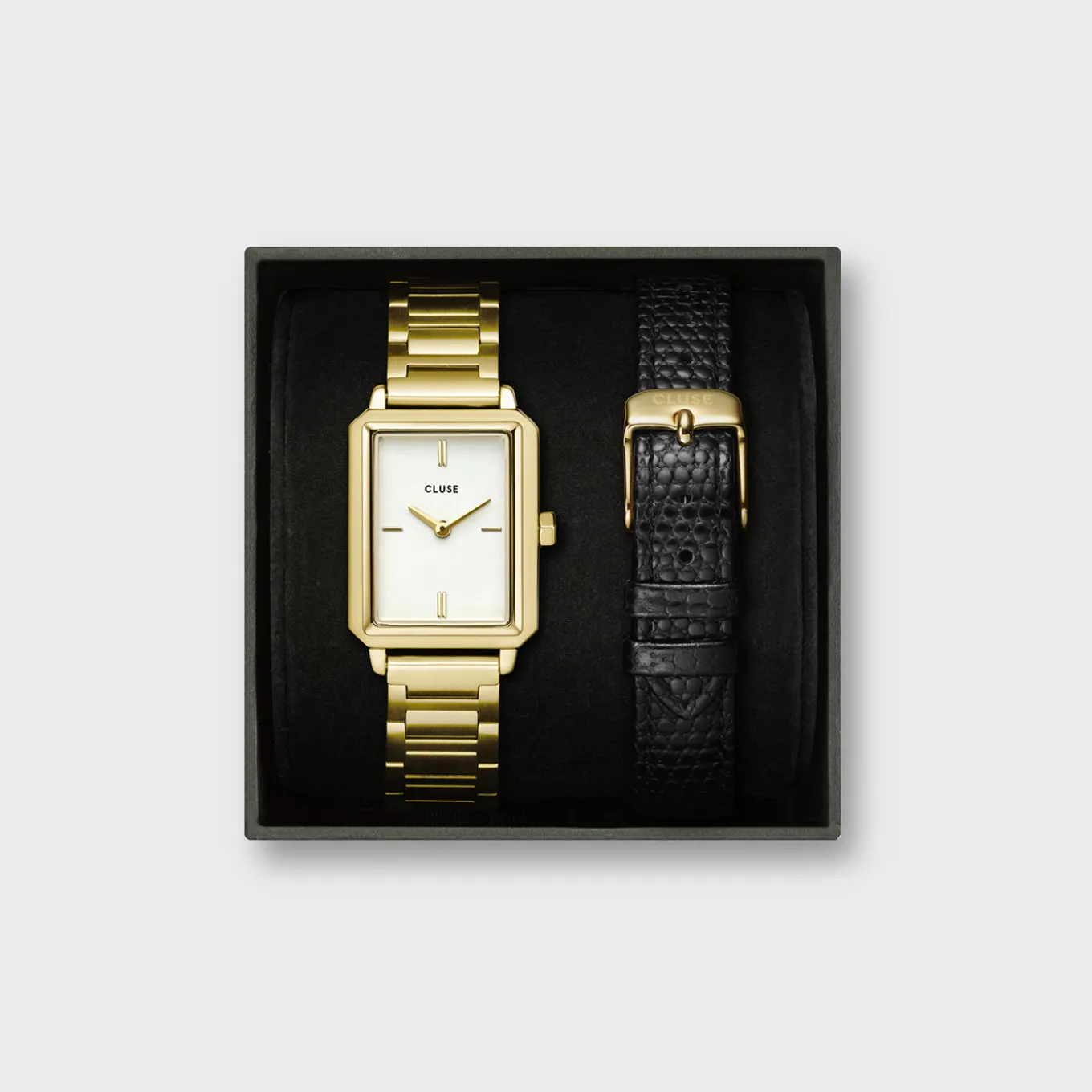 Discount Gift Box Fluette Steel Watch and Black Leather Lizard Strap, Gold Colour Damen Fluette