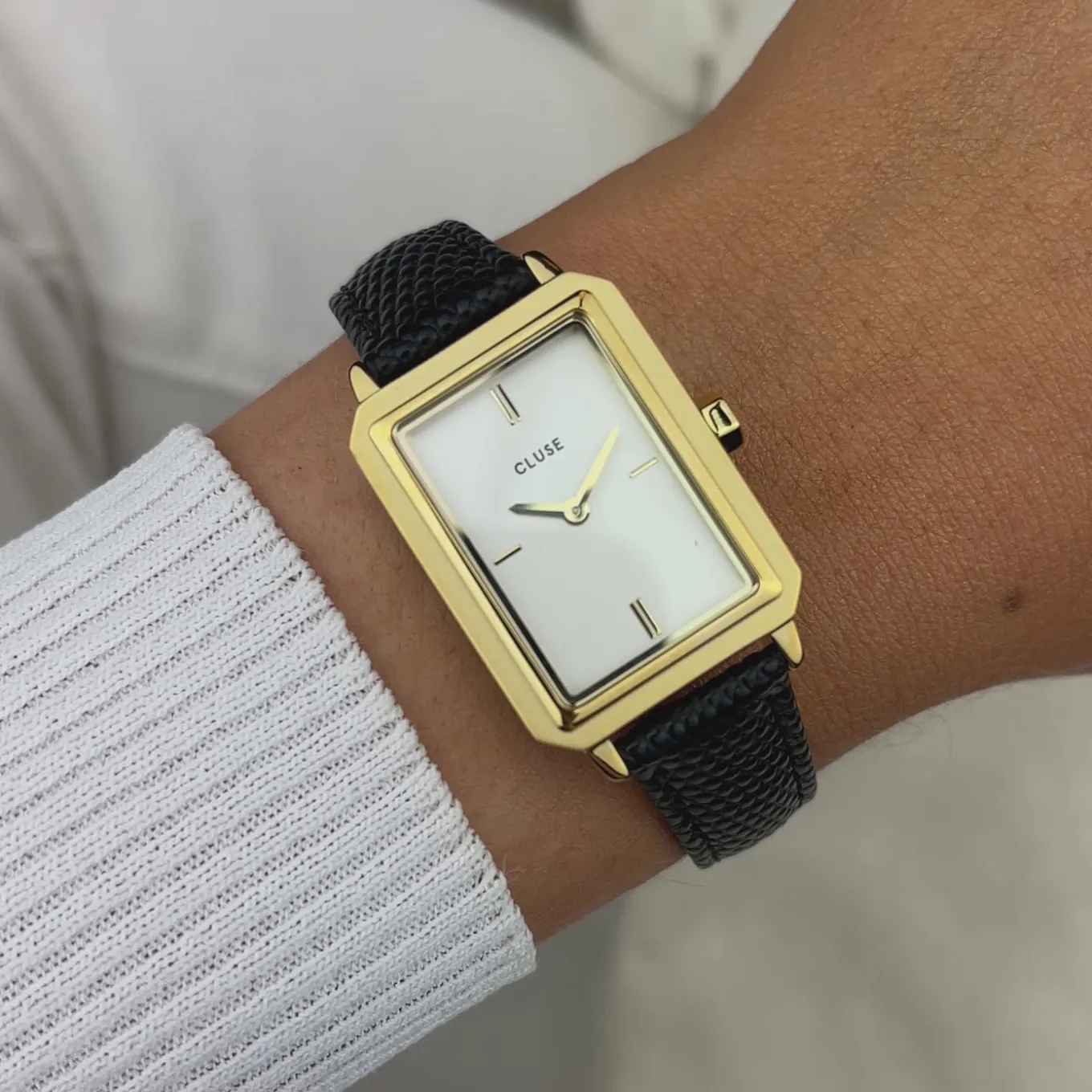 Discount Gift Box Fluette Steel Watch and Black Leather Lizard Strap, Gold Colour Damen Fluette